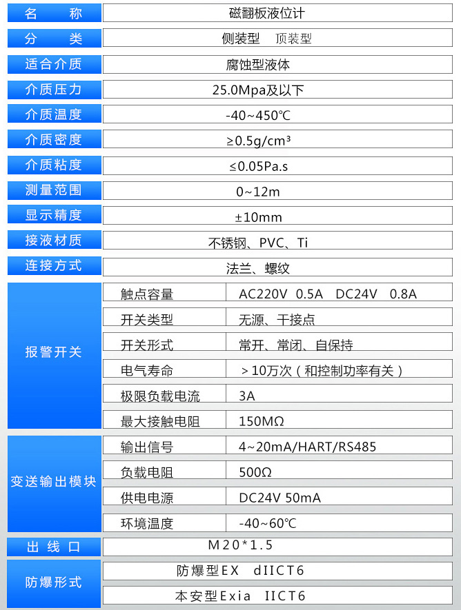 水池浮子液位計技術參數對照表